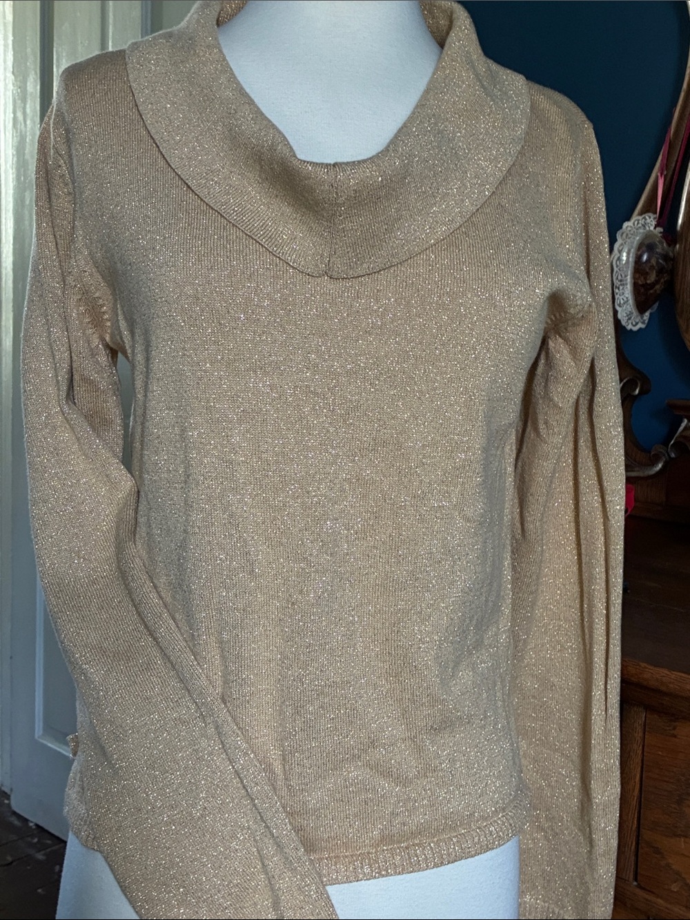 Rafaella Shimmer Cowl Neck Sweater in Champagne Gold L
